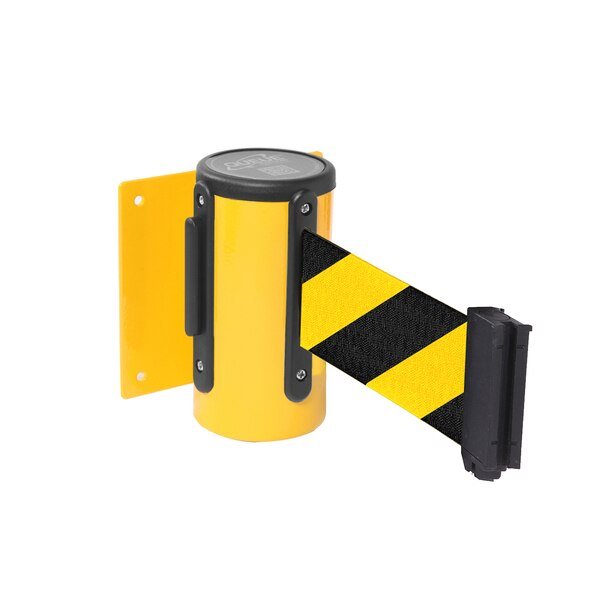 WallMaster 300, Yellow, 10' Yellow/Black CAUTION-WET FLOOR Belt, Queue Solutions, Mfr#: WM300Y-YBCWF100